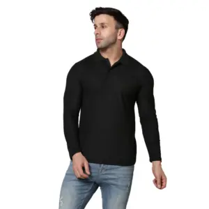 Men's?Casual Full Sleeve Solid Cotton Blended Polo Neck T-shirt (Black)