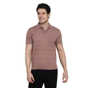 Men's?Casual Half Sleeve Striped Cotton Blended Polo Neck T-shirt (Pink)