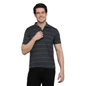 Men's?Casual Half Sleeve Striped Cotton Blended Polo Neck T-shirt (Grey)