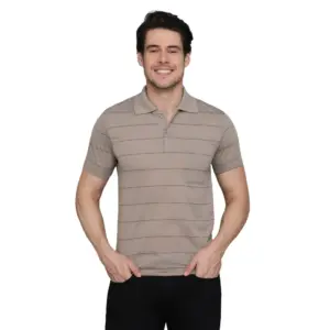 Men's?Casual Half Sleeve Striped Cotton Blended Polo Neck T-shirt (Beige)