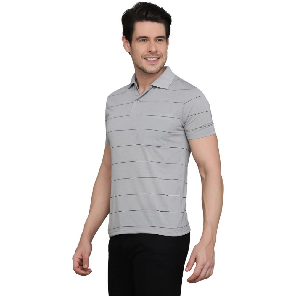 Men's?Casual Half Sleeve Striped Cotton Blended Polo Neck T-shirt (L.Grey) - Image 5