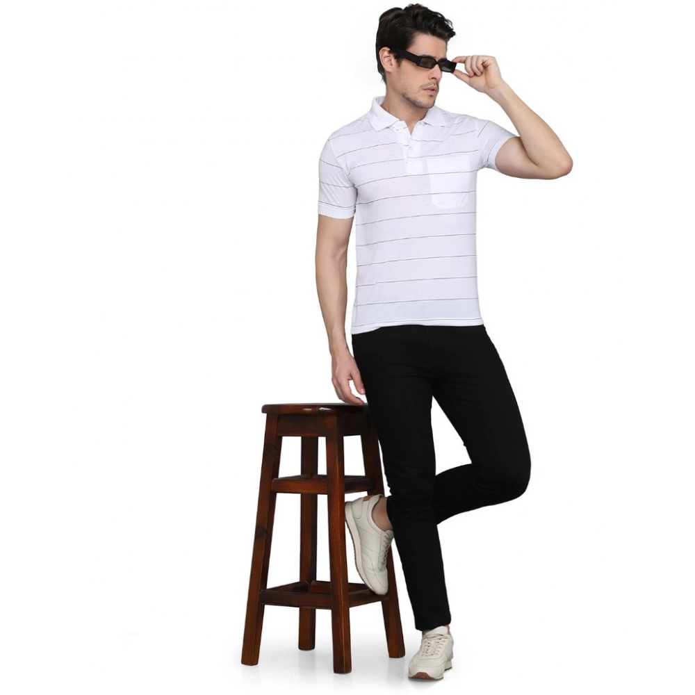 Men's?Casual Half Sleeve Striped Cotton Blended Polo Neck T-shirt (White) - Image 2
