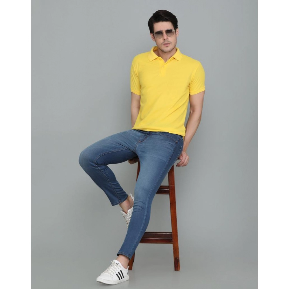 Men's?Casual Half Sleeve Solid Cotton Blended Polo Neck T-shirt (Yellow) - Image 2