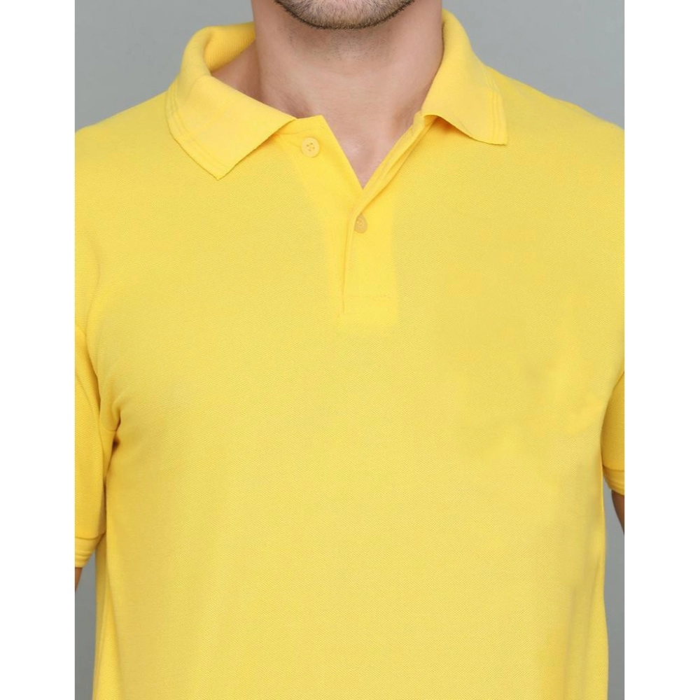 Men's?Casual Half Sleeve Solid Cotton Blended Polo Neck T-shirt (Yellow) - Image 3