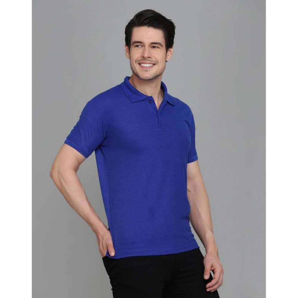 Men's?Casual Half Sleeve Solid Cotton Blended Polo Neck T-shirt (Blue) - Image 4