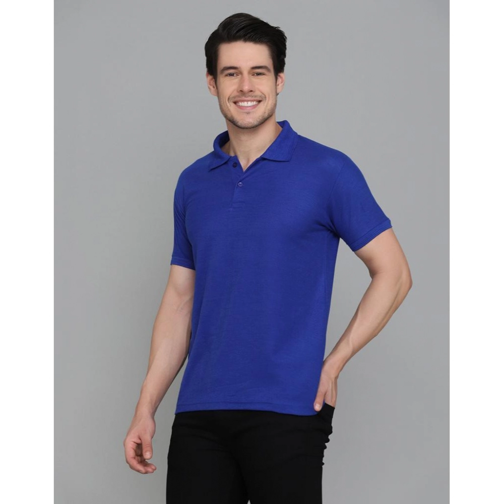 Men's?Casual Half Sleeve Solid Cotton Blended Polo Neck T-shirt (Blue) - Image 5