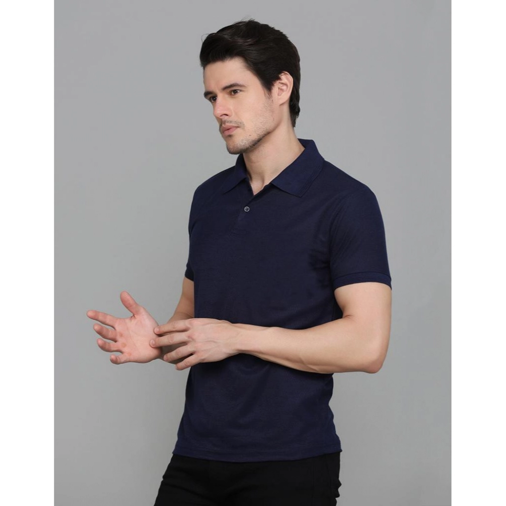 Men's?Casual Half Sleeve Solid Cotton Blended Polo Neck T-shirt (Navy Blue) - Image 4