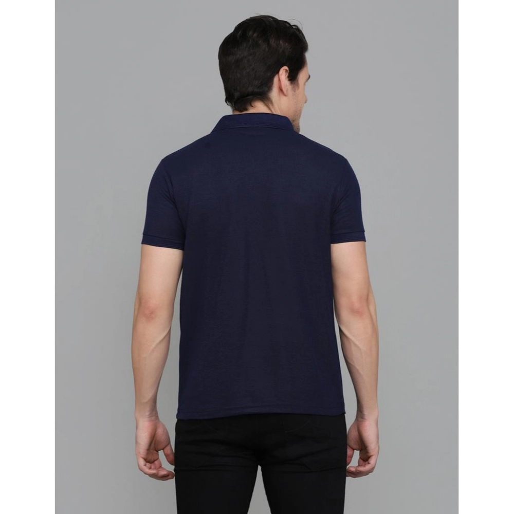 Men's?Casual Half Sleeve Solid Cotton Blended Polo Neck T-shirt (Navy Blue) - Image 7