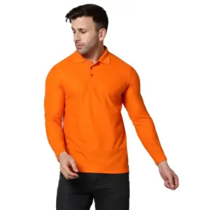 Men's?Casual Full Sleeve Solid Cotton Blended Polo Neck T-shirt (Orange)