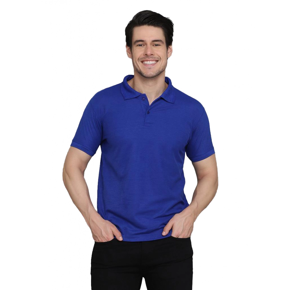 Men's?Casual Half Sleeve Solid Cotton Blended Polo Neck T-shirt (Blue)