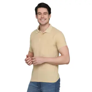 Men's?Casual Half Sleeve Solid Cotton Blended Polo Neck T-shirt (Beige)