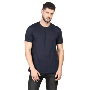 Men's?Casual Half Sleeve Solid Cotton Blended Round Neck T-shirt (Dark Blue)
