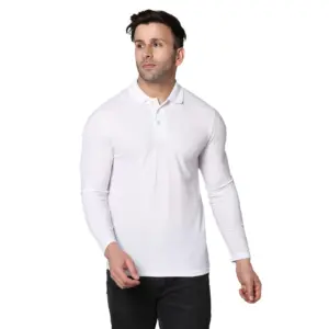 Men's?Casual Full Sleeve Solid Cotton Blended Polo Neck T-shirt (White)