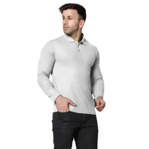 Men's?Casual Full Sleeve Solid Cotton Blended Polo Neck T-shirt (L.Grey)