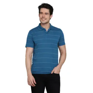Men's?Casual Half Sleeve Striped Cotton Blended Polo Neck T-shirt (Teel Blue)