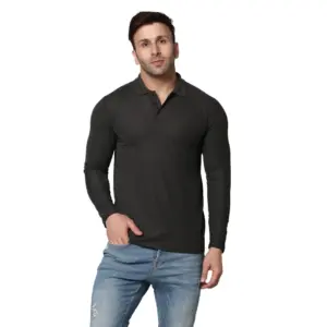 Men's?Casual Full Sleeve Solid Cotton Blended Polo Neck T-shirt (D.Grey)