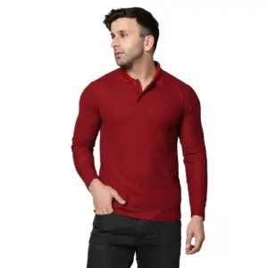 Men's?Casual Full Sleeve Solid Cotton Blended Polo Neck T-shirt (Maroon)