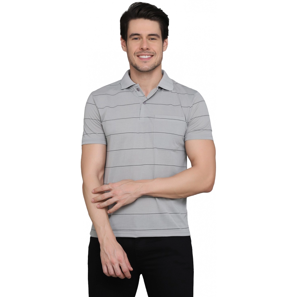 Men's?Casual Half Sleeve Striped Cotton Blended Polo Neck T-shirt (L.Grey)