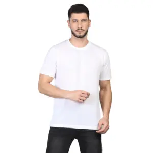 Men's?Casual Half Sleeve Solid Cotton Blended Round Neck T-shirt (White)