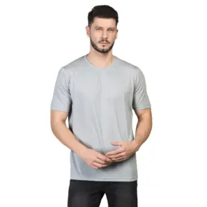 Men's?Casual Half Sleeve Solid Cotton Blended Round Neck T-shirt (Grey)
