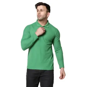 Men's?Casual Full Sleeve Solid Cotton Blended Polo Neck T-shirt (P.Green)