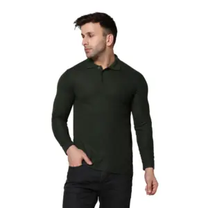 Men's?Casual Full Sleeve Solid Cotton Blended Polo Neck T-shirt (B.Green)