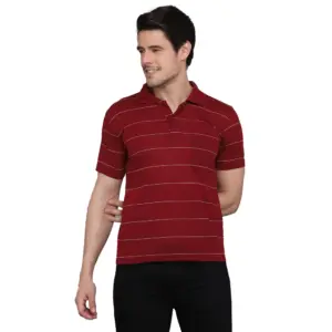 Men's?Casual Half Sleeve Striped Cotton Blended Polo Neck T-shirt (Maroon)