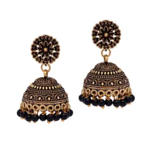 Women's Rajasthani Traditional Wedding Collection Floral Design Gold Oxidised Black Color Jhumki Earrings