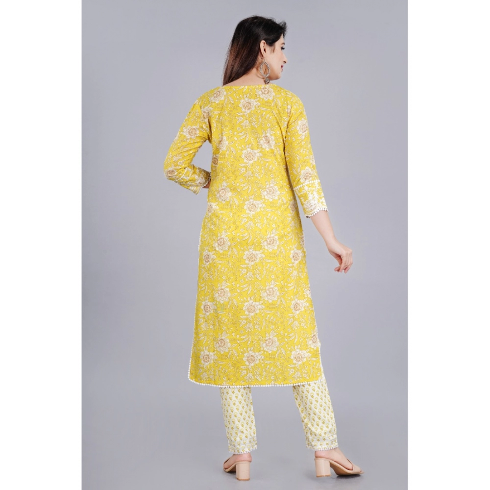 Women's Casual 3/4 Sleeve Embroidered Rayon Kurti With Pant And Dupatta Set (Yellow) - Image 4
