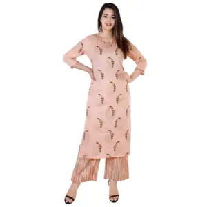 Women's Casual 3/4 Sleeve Printed Rayon Kurti With Palazzo Set (Peach)