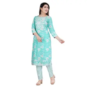 Women's Casual 3/4 Sleeve Embroidered Rayon Kurti With Pant And Dupatta Set (Sea Green)