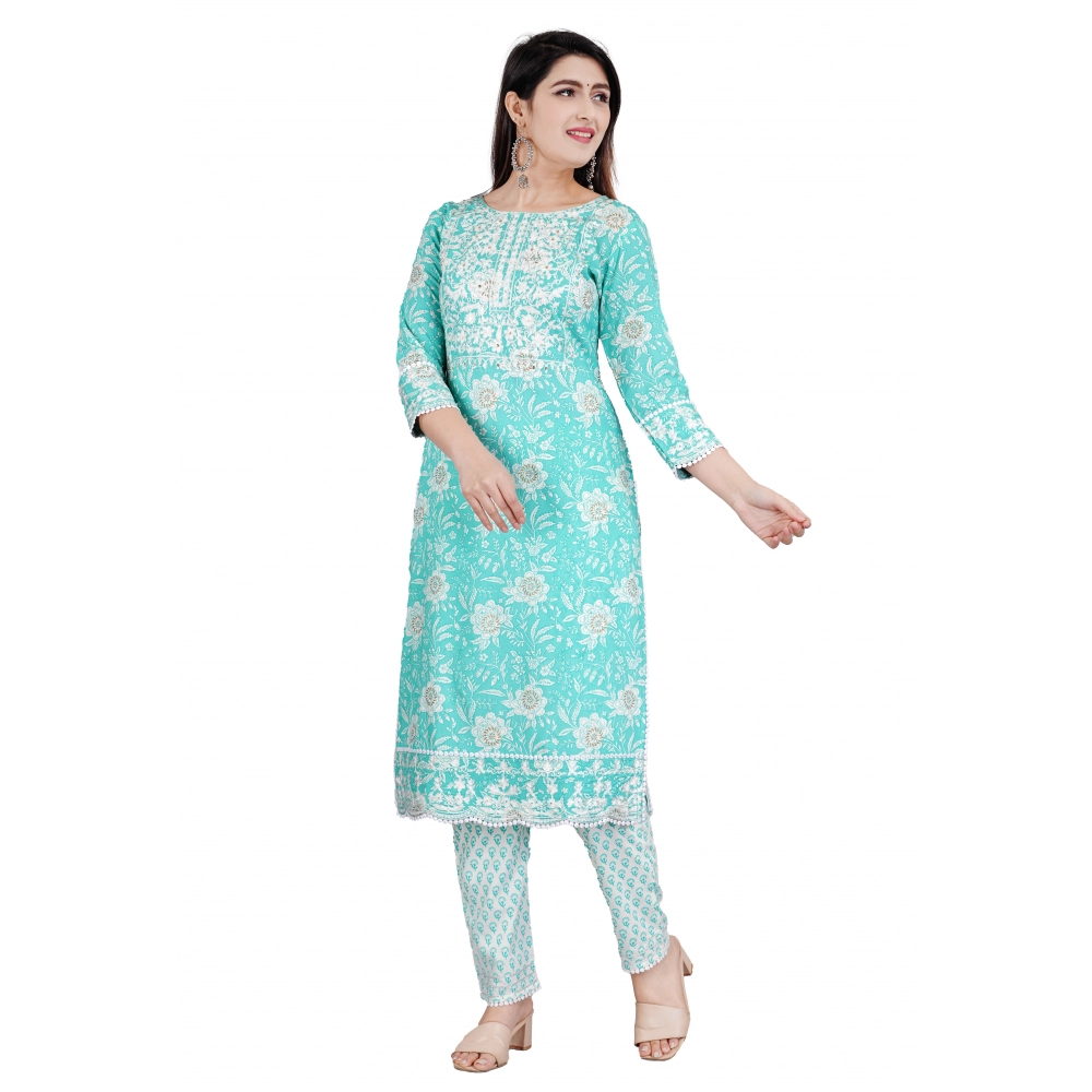 Women's Casual 3/4 Sleeve Embroidered Rayon Kurti With Pant And Dupatta Set (Sea Green)