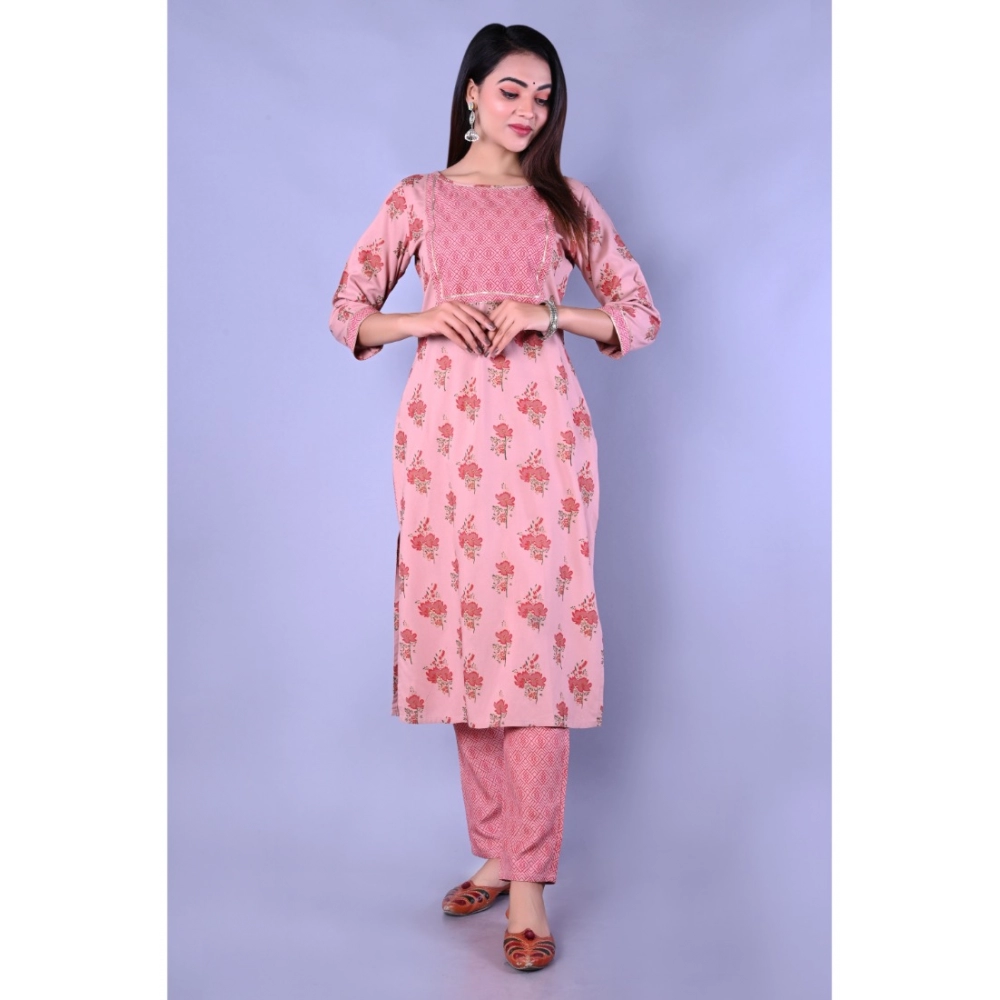 Women's Casual 3/4 Sleeve Printed Rayon Kurti With Pant Set (Pink) - Image 5