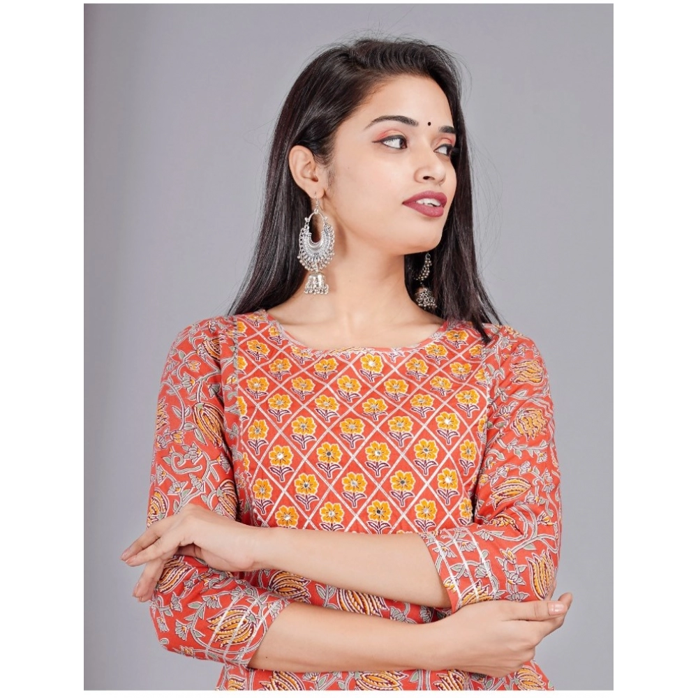 Women's Casual 3/4 Sleeve Printed Rayon Kurti With Pant Set (Peach) - Image 4