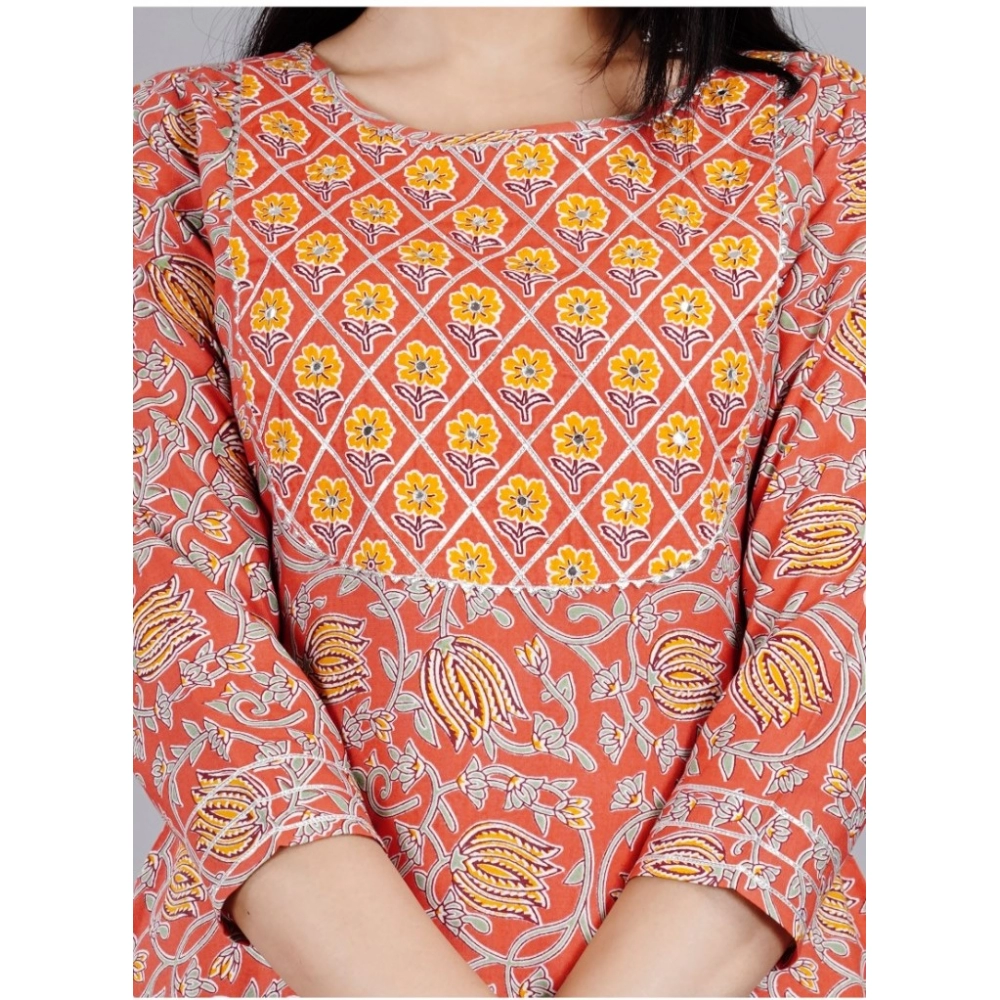 Women's Casual 3/4 Sleeve Printed Rayon Kurti With Pant Set (Peach) - Image 3