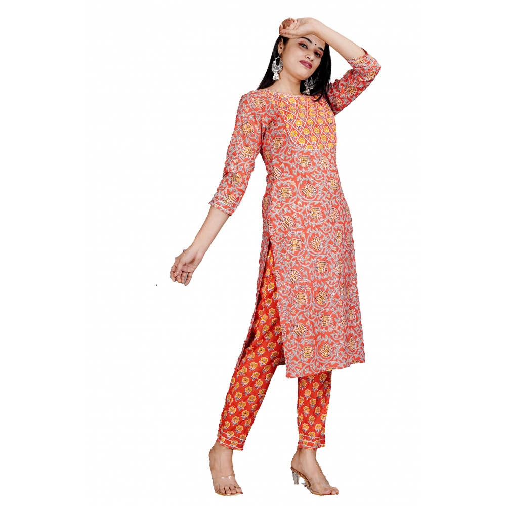 Women's Casual 3/4 Sleeve Printed Rayon Kurti With Pant Set (Peach)