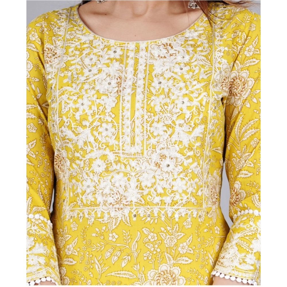 Women's Casual 3/4 Sleeve Embroidered Rayon Kurti With Pant And Dupatta Set (Yellow) - Image 2