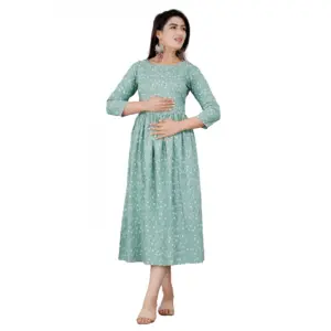 Women's Casual 3/4 Sleeve Printed Viscose Maternity Feeding Kurti (Green)