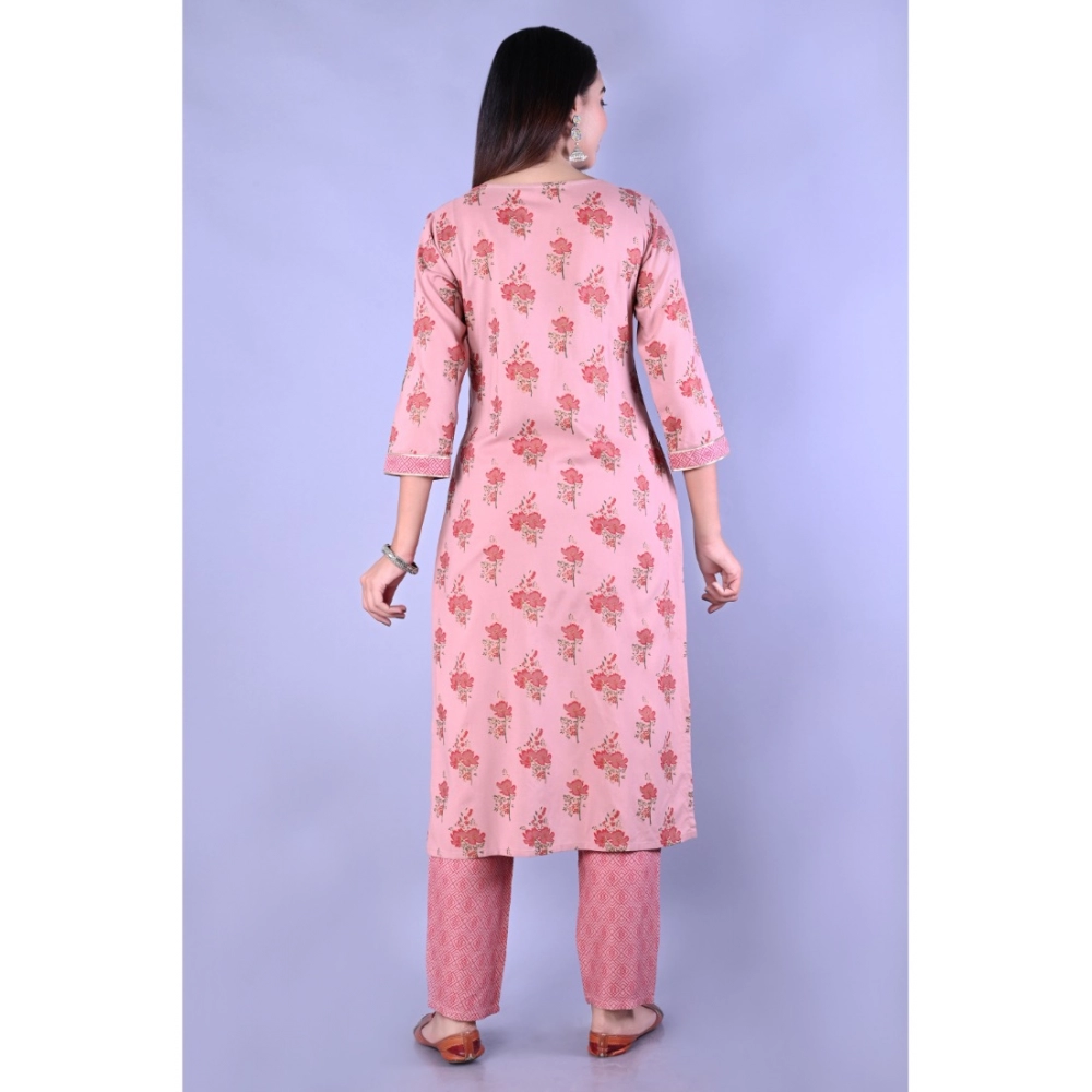 Women's Casual 3/4 Sleeve Printed Rayon Kurti With Pant Set (Pink) - Image 2