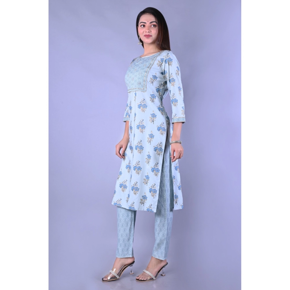 Women's Casual 3/4 Sleeve Printed Rayon Kurti With Pant Set (Blue) - Image 3
