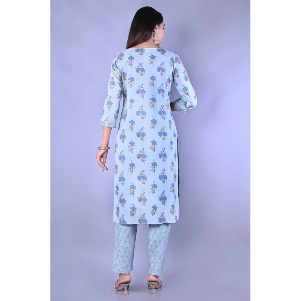 Women's Casual 3/4 Sleeve Printed Rayon Kurti With Pant Set (Blue) - Image 5