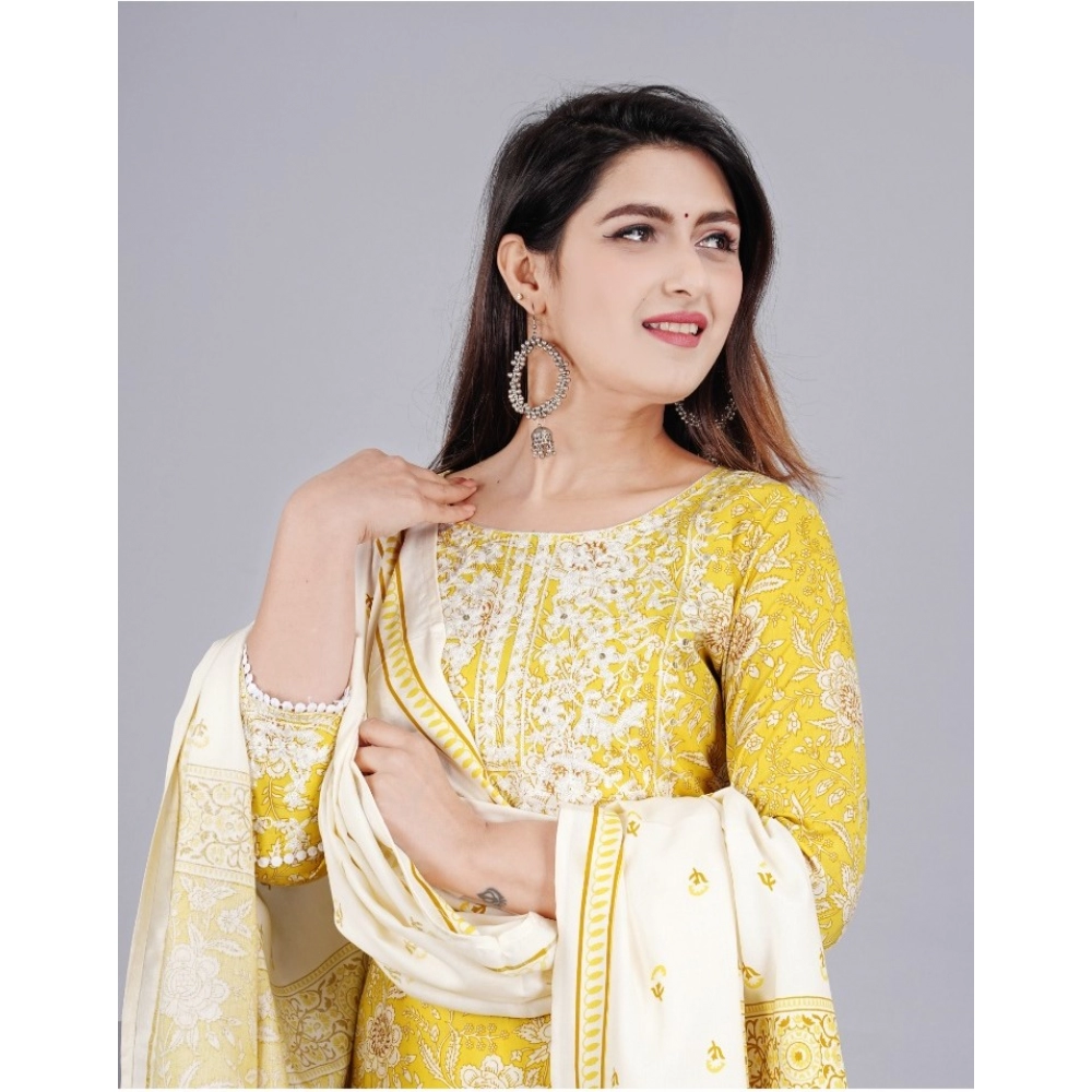 Women's Casual 3/4 Sleeve Embroidered Rayon Kurti With Pant And Dupatta Set (Yellow) - Image 3
