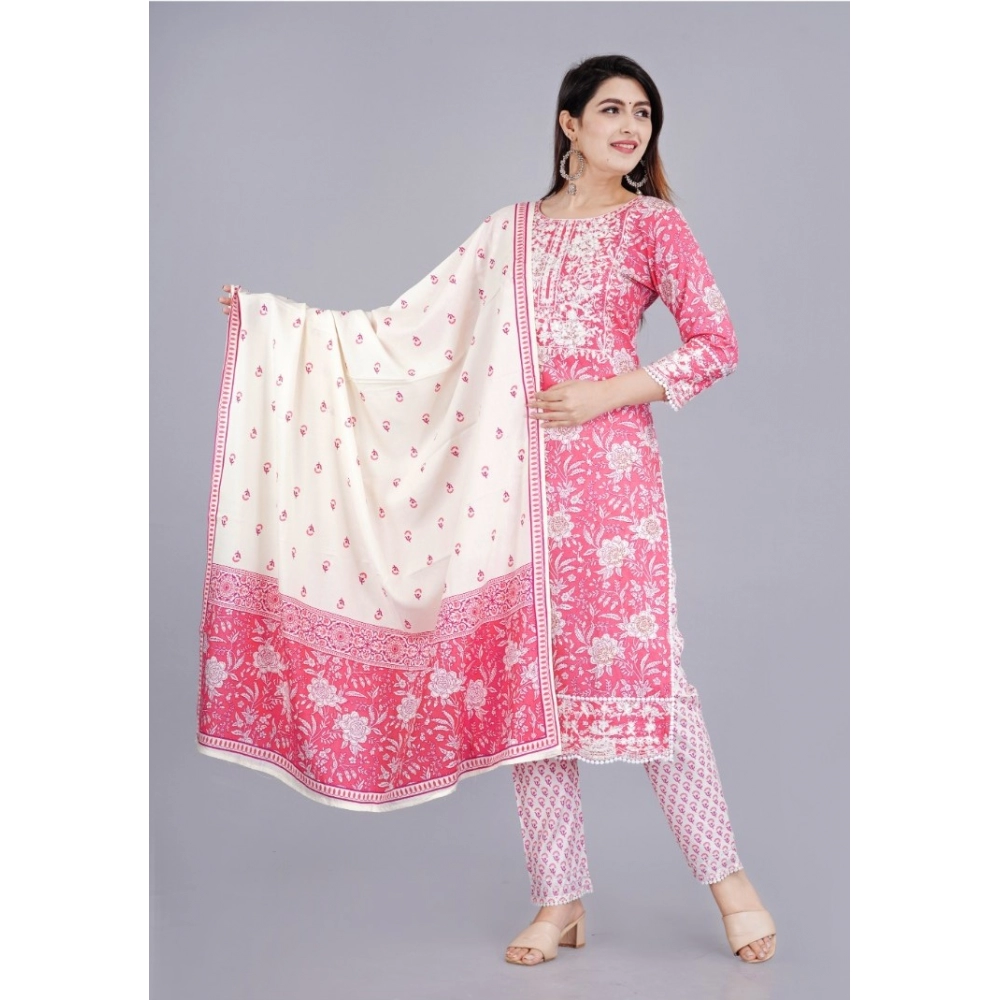 Women's Casual 3/4 Sleeve Embroidered Rayon Kurti With Pant And Dupatta Set (Pink) - Image 4