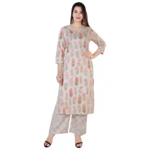 Women's Casual 3/4 Sleeve Printed Rayon Kurti With Palazzo Set (Beige)