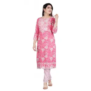 Women's Casual 3/4 Sleeve Embroidered Rayon Kurti With Pant And Dupatta Set (Pink)