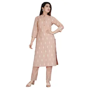 Women's Casual 3/4 Sleeve Printed Rayon Kurti With Pant Set (Beige)