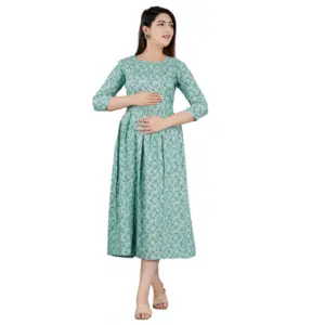 Women's Casual 3/4 Sleeve Printed Viscose Maternity Feeding Kurti (Green)
