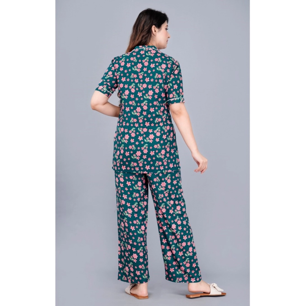 Women's Casual Half Sleeve Printed Viscose Rayon Shirt With Pyjama Pant Night Suit Set (Teal) - Image 3