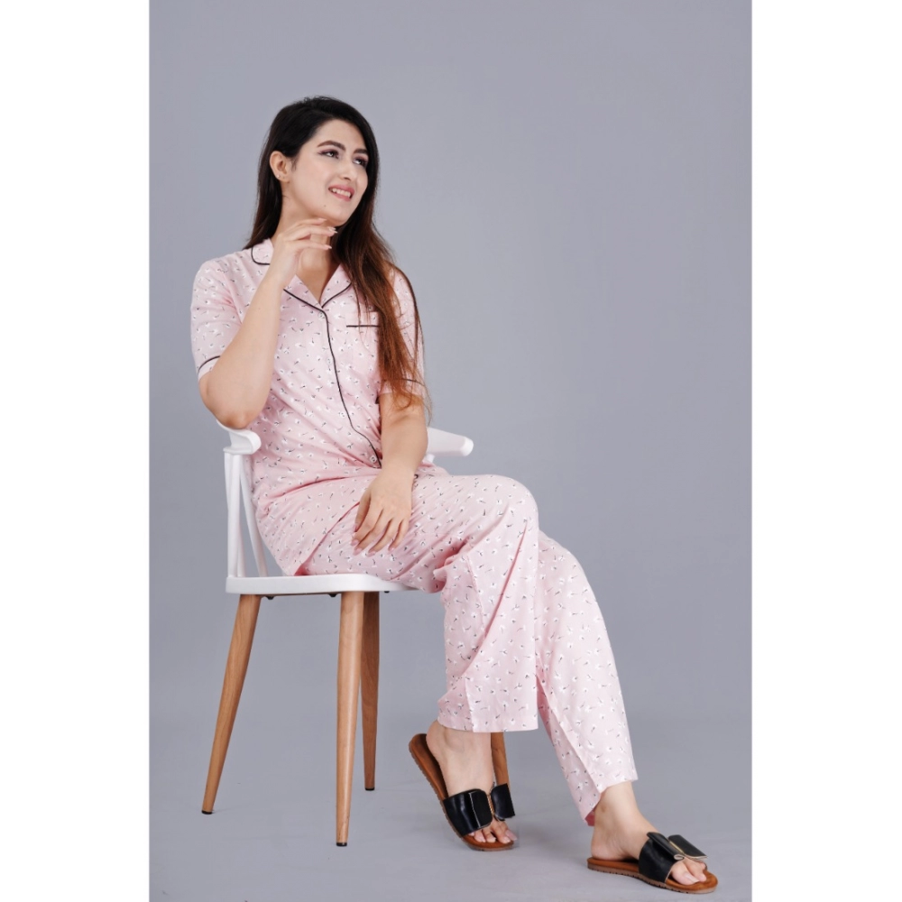 Women's Casual Half Sleeve Printed Viscose Rayon Shirt With Pyjama Pant Night Suit Set (Pink) - Image 5