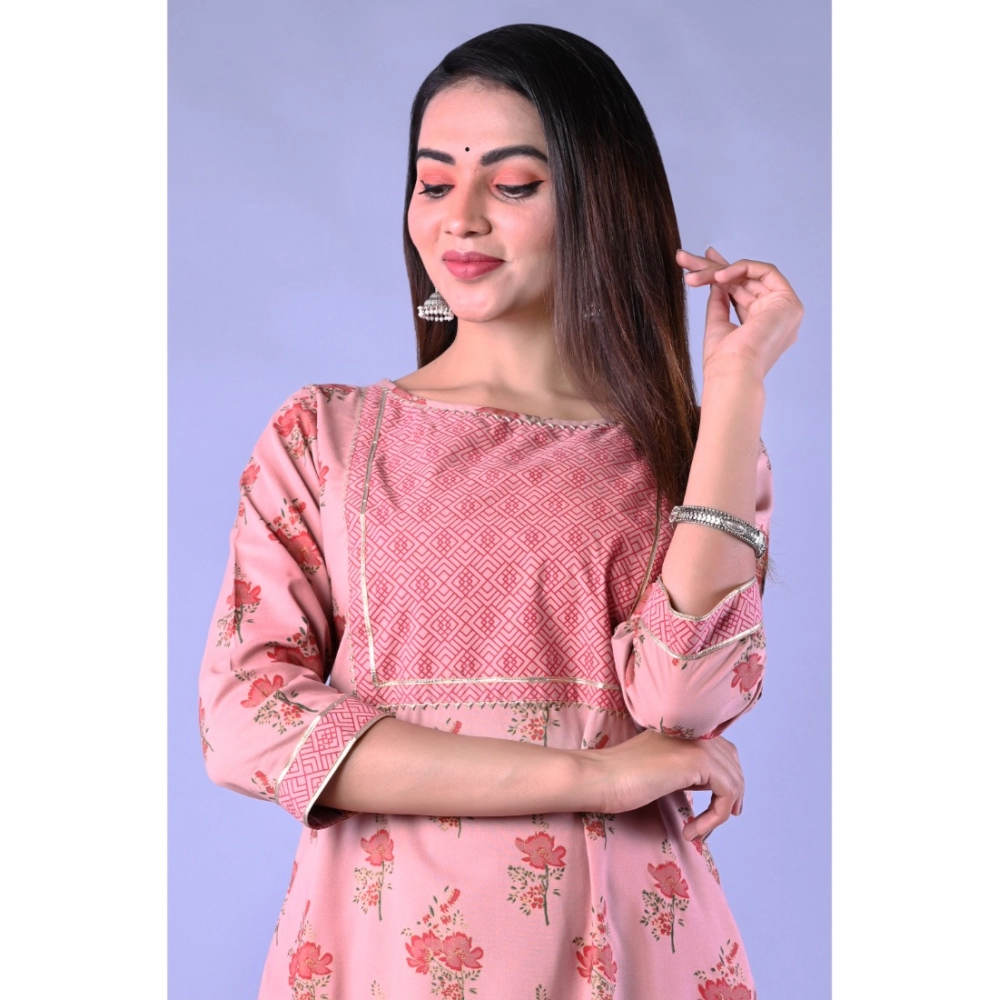 Women's Casual 3/4 Sleeve Printed Rayon Kurti With Pant Set (Pink) - Image 3